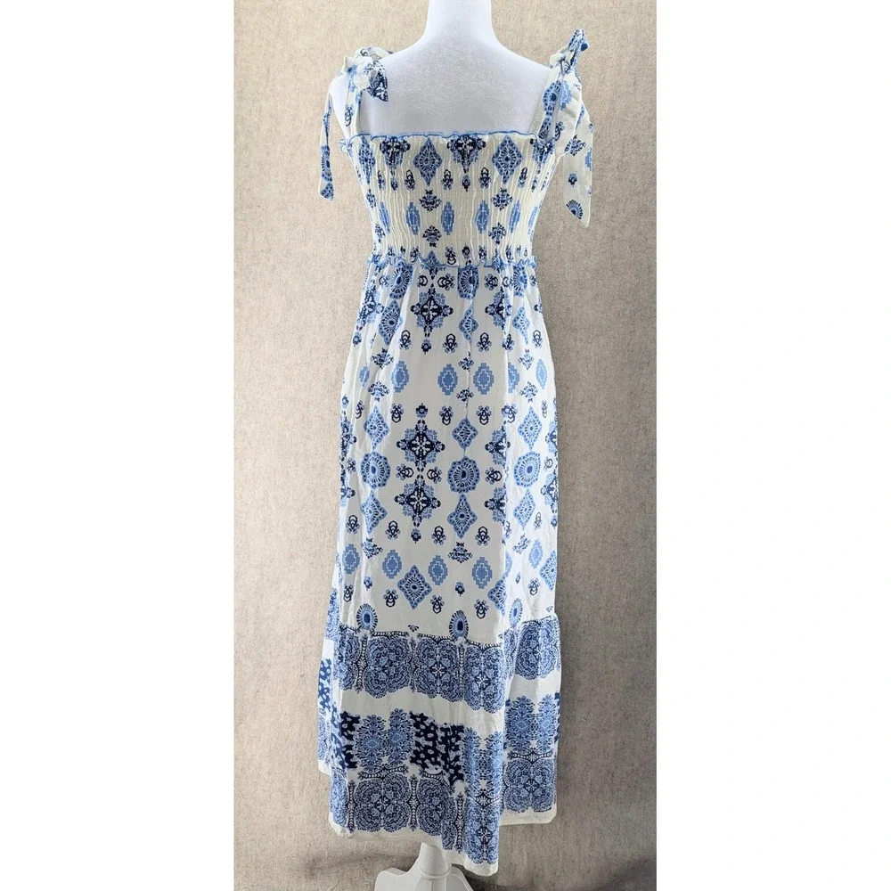 Zara Blue White Medallion Tile Print Smocked Tie Shoulder Maxi Dress Womens XS - Picture 2 of 3